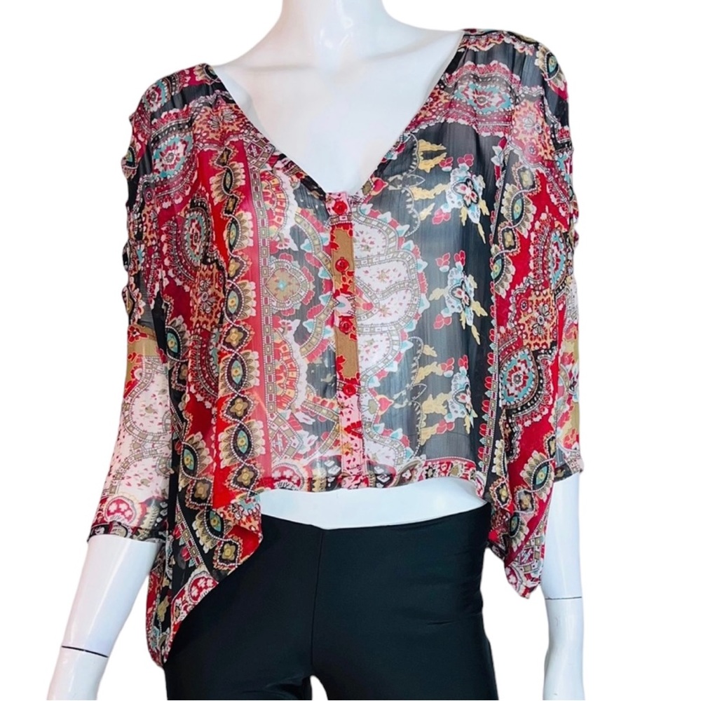 4/$40 Millau V-Neck Open Sleeves Black and Red Blouse